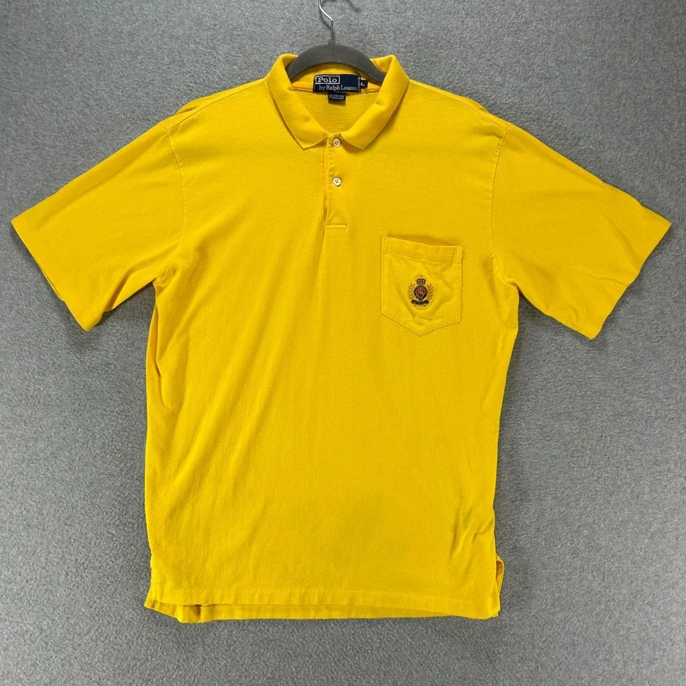 Polo Ralph Lauren Polo Shirt Crest Pocket Mens M Yellow Cotton Preppy Vintage